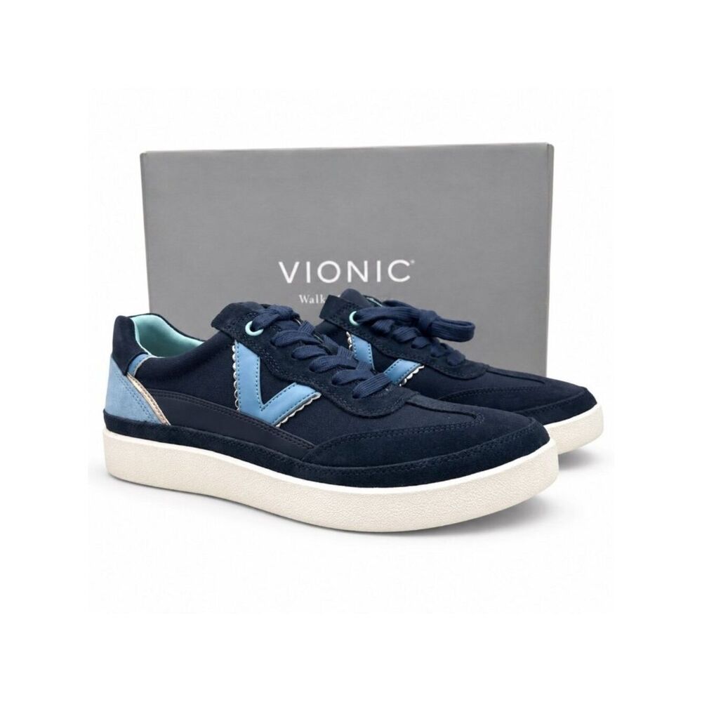 Vionic Mylie Supportive Sneakers Womens 9 Navy Suede Canvas Lace Up Comfort Shoe